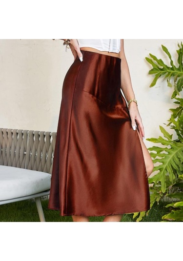Yüksek Bel Saten Düz Renk Ayrık Uzun Büstiyer Etek Siyah