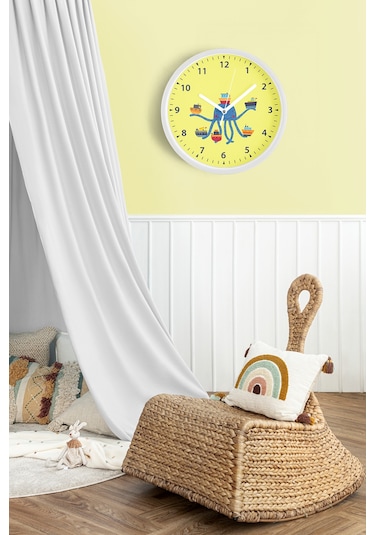 Gemileri Tutan Ahtapot Çocuk Odası Duvar Saati - 35cm - Önü Camlı Beyaz Kasa - Sessiz Mekanizma Beyaz