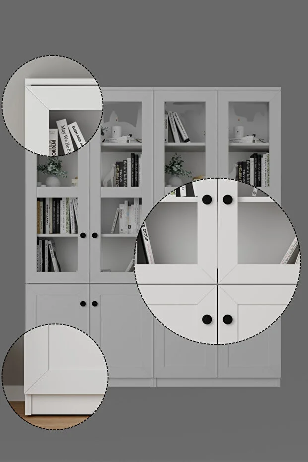 Lisa 8 Kapaklı Beyaz Vitrin Seti - Kitaplık Ve Çok Amaçlı Dolap Beyaz