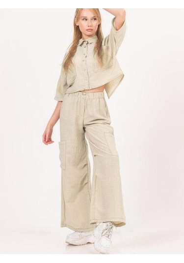 Kız Çocuk Gömlek Ceketli Bol Paça Pantolonlu Takım-13850 Bej