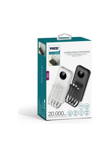 Phixi Force P21 LED Ekranlı Micro Lightning Type-C USB-A Kablolu 20.000 mAh Powerbank Beyaz