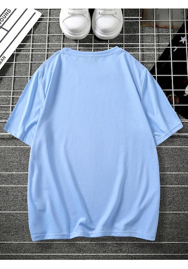 Üçgen Dağ T-shirt - Bebe Mavisi Baskılı Oversize Bisiklet Yaka Kısa Kol Tişört Bebe Mavisi