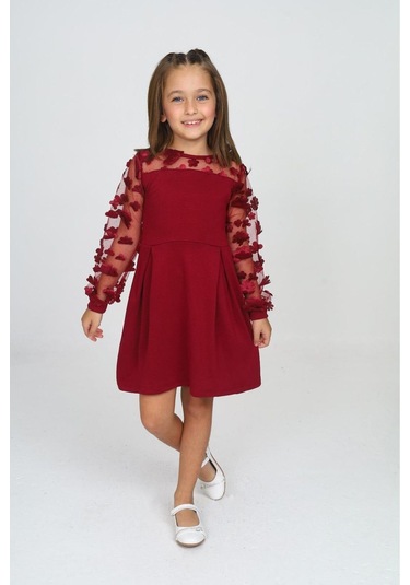 Tül Detaylı Siyah Elbise 2 Bordo