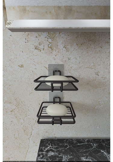 Eva Metal Tasarim Yapışkanlı Banyo Mutfak Lavabo Metal Katı Sabunluk 2'li Set Siyah