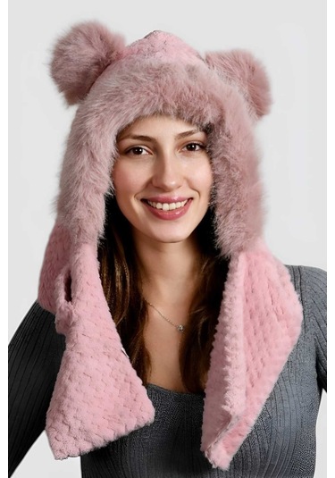 Uniquetrenders Kadın Kulaklıklı Boyun Bağlamalı Yumuşak Peluş Şapka Pudra