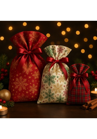 Yılbaşı Temalı Kumaş Hediye Kesesi 3 Lü Set Kırmızı, Ekoseli Ve Kar Tanesi Desenli 12 17 17 25 25 35cm 3'lü Set