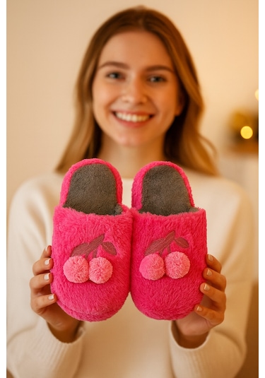 Sweet Chery Kirazlı Kapalı Kadın Ev Terliği Kışlık Terlik Pembe