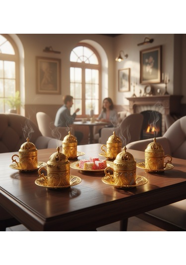 Defne 6 Kişilik 24 Parça Metal Porselenli Altın Renk Kahve Fincan Seti Altın