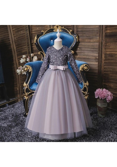 Mashotrend Gri Zara Payetli Çocuk Abiye - Kız Çocuk Elbise Gri