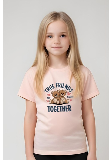 True Friends Baskılı Kız Çocuk Tişört Ve Eşofman Alt-üst Takım Somon