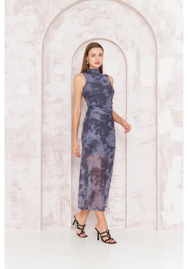 Kadın Antrasit Dik Yaka Kolsuz Tül Elbise Dm1042 Antrasit