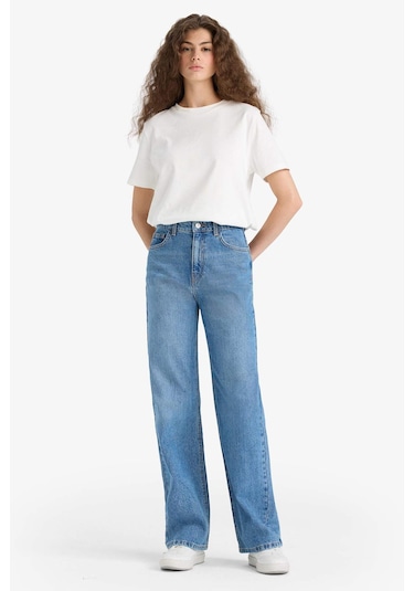 Defacto 90s Wide Leg Yüksek Bel Düz Paça Uzun Jean Pantolon F1704ax25aunm28 Mavi