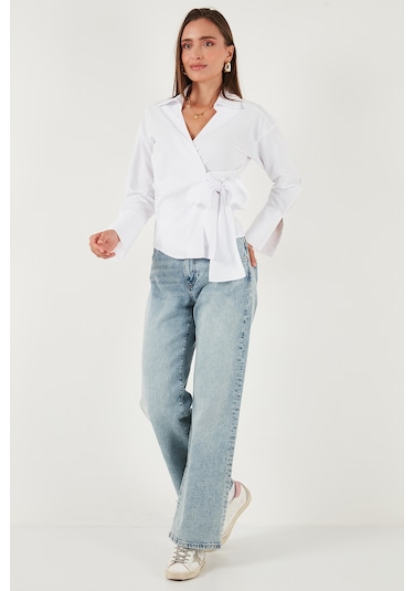Lela Pamuklu Regular Fit Uzun Kollu Bağlama Detaylı Bayan Gömlek 65200538 Beyaz