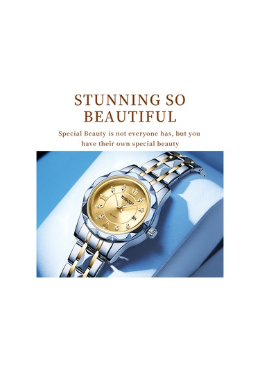 Yashıdun 5064 Şık Kadın Kuvars İzle Çelik Kayış Aydınlık Takvim Bilek Saati - Altın Kadran / Gümüş + Altın Kayış