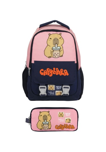 Capybara Kız Çocuk İlkokul Sırt Çantası Ve İki Gözlü Kalemlik Seti - Lacivert - Pembe - Setcpb5203c Çok Renkli
