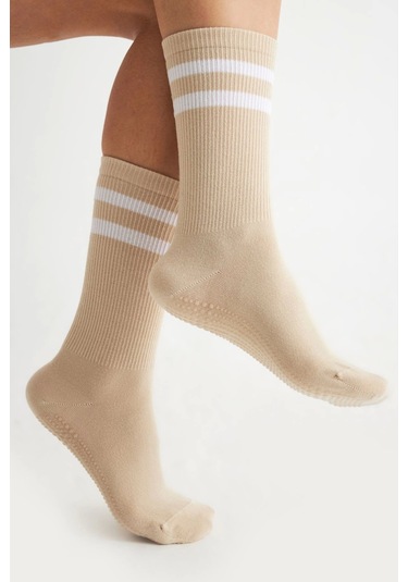 Bambu Kadın Krem Kaydırmaz Taban Silikon Baskı Yoga Fitness Pilates Bale Dans Tenis Çorabı Çok Renkli