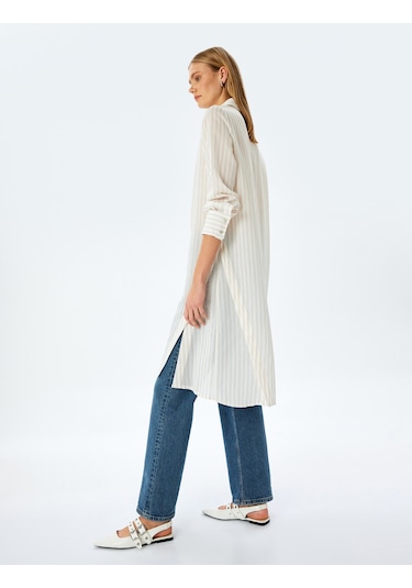 Koton Çizgili Gömlek Yaka Uzun Kollu Oversize Midi Tunik Elbise Kahverengi Çizgili 5sak80063uw 5s5