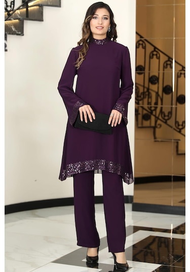 Umay Şifon Tunik Pantolon İkili Tesettür Takım Mürdüm Mürdüm