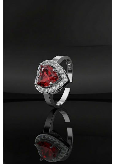 925 Ayar Lal Taşlı Rodyum Pırlanta Işıltılı Kalp Ayarlanabilir Gümüş Yüzük Rr10032 Gümüş