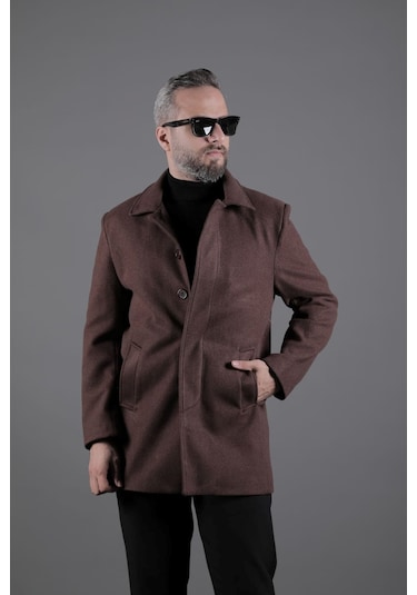 Ohepmoda Gizli Düğmeli Erkek Kaşe Kaban Mont Kahverengi