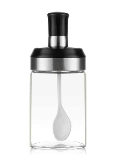 Fastbuy Şeffaf Cam Kavanoz Baharatlar Tuz Şeker Saklama Kabı Kaşık Kapaklı