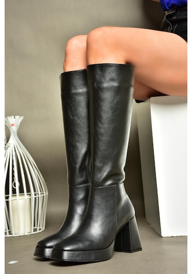 Fox Shoes R282230109 Siyah Platform Kalın Topuklu Kadın Çizme Siyah
