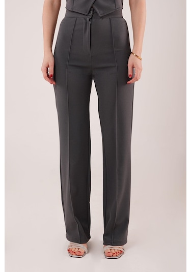 Ön Dikiş Detaylı Tek Düğme Gri Pantolon Gri