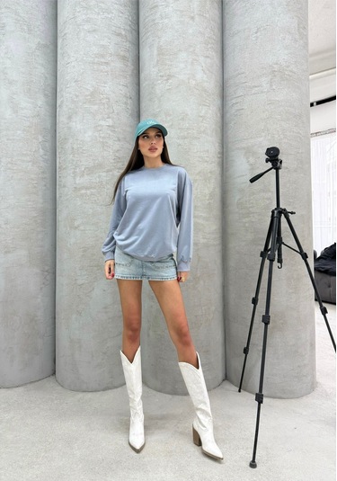 Düz Renk Kadın Sweatshirt Mavi