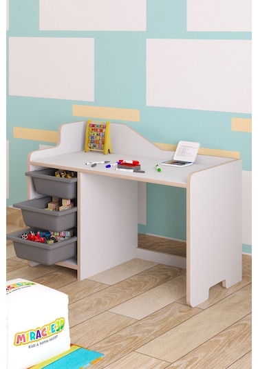 Miracle 3d Çocuk Çalışma Masası 90x45 Cm 3 Sepetli Çocuk Çalışma Masası Sandalye Yoktur Beyaz