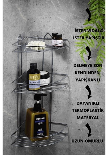 3 Katlı Krom Yapışkanlı Banyo Köşeliği Düzenleyici, Şampuanlık, Paslanmaz  Metal Köşelik Duş Rafı - EK-03