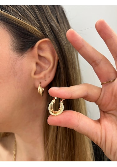 Altın Nesil - 14 Ayar Altın Kumlu Çift Halka Yuvarlak Küpe Altın - Beyaz Altın