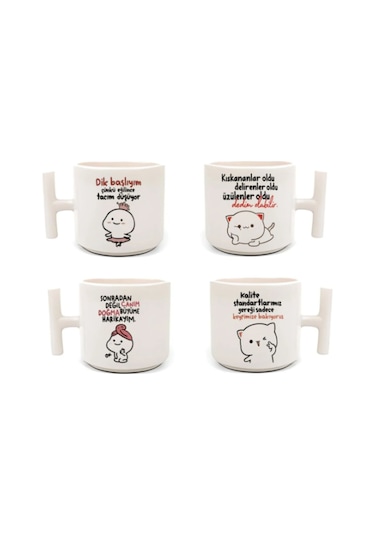 4'lü Moci Cat Baskılı - T Kulp Kupa Beyaz