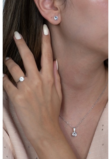 Takı Dükkanı Tek Taş Gümüş Kolye Küpe Ve Yüzük Seti Ags02 Gümüş