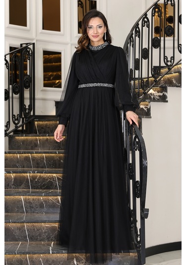 Senna Taş Detaylı Büyük Beden Şık Tesettür Abiye Siyah