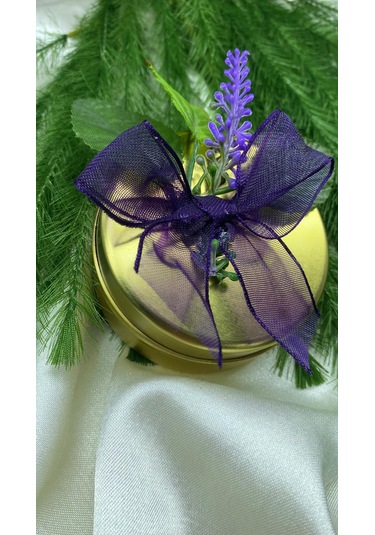 Düğün Nikah Nişan Kına Hediyeliği Lavanta Süslemeli Altın Metal Kutuda Soyawax Mum