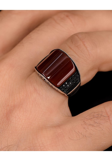 Prestij Gümüş 925 Ayar Gümüş Akik Taşlı Zirkon Taş Süslemeli Erkek Yüzüğü