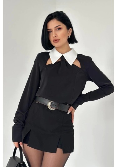 Siyah Önü Kravat Detaylı Bluz Siyah