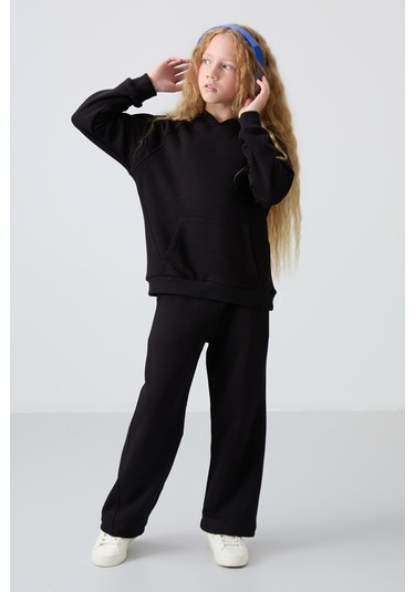 Tommy Life Siyah Pamuklu İçi Tüylü Yumuşak Dokulu Standart Fit Nakışlı Kız Çocuk Eşofman Takım - 75162 Siyah