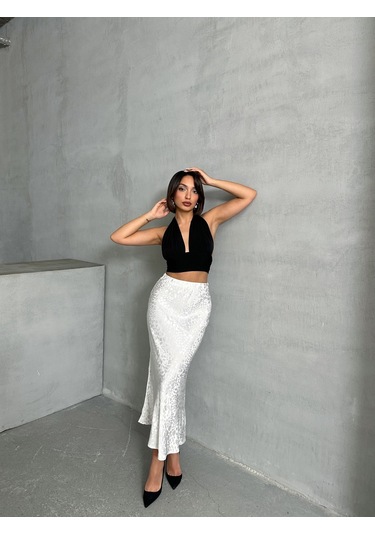 Kadın Leopar Desenli Uzun Saten Etek Beyaz