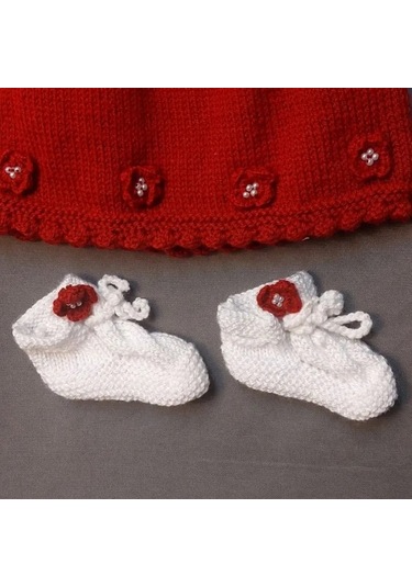 Uretti - Talia 8659 - 8853 El Örgüsü Kız Çocuk Elbise - Bandana - Patik Üçlü Takım - 0 / 9 Ay Kırımızı - Beyaz