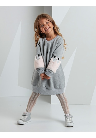 Denokids Mushi Peluş Kollu Kız Elbise Çok Renkli