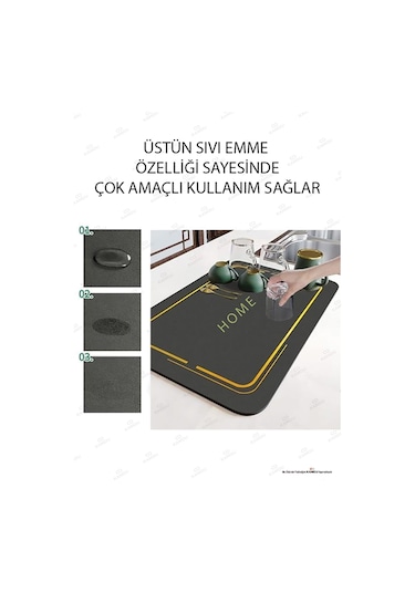 1 Adet - Siyah 35x50cm Bulaşık Matı, Kurulama Matı, Tezgah Üstü Mat, Su Emen Mat, Lavabo Paspası