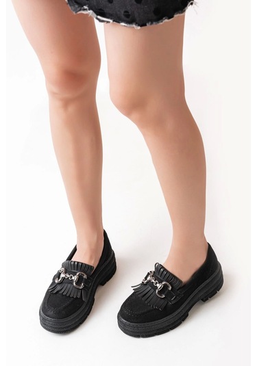 Siyah Süet Tokalı Günlük Yüksek Tabanlı Loafer Ayakkabı Siyah