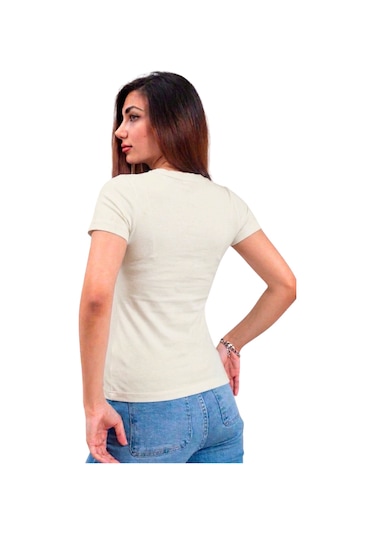 Thiff Kadın Ribana Buzy V Yaka T-shirt Tişört Bej