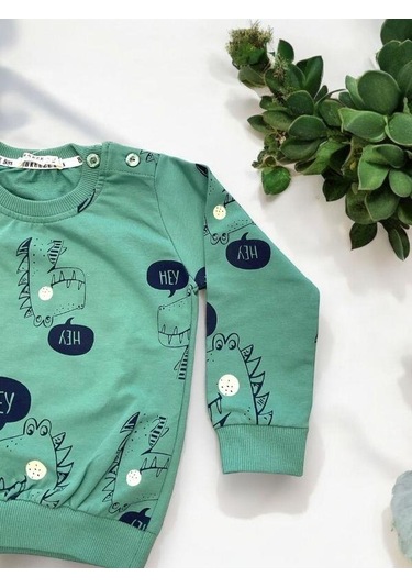 Erkek Bebek Dinazor Baskılı Pamuklu Eşofman Takım-15176 Yesil