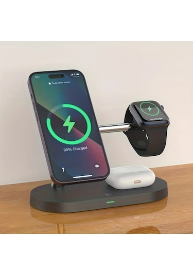 Topshop1 Siyah 3 Cihaz Aynı Anda Kullanılabilen Manyetik 5li Kablosuz 15w Qi Hızlı Şarj Standı İphone İwatch Uyumlu