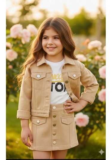 Denim Kız Çocuk Gabardin 3 Parça Etekli Takım - 2/12 Yaş - 31527 Çok Renk