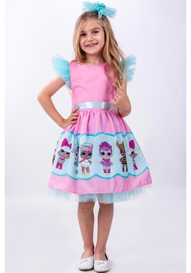 Pembe Bebek Desenli Tül Detaylı Kız Çocuk Parti Elbisesi