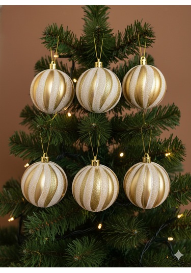 6'lı Paket Yılbaşı Ağacı Top Süsü 6 Cm - Simli Parlak Çizgili Gold Altın Lüks Ağaç Dekorasyonu Seti Özel Pvc Kutulu
