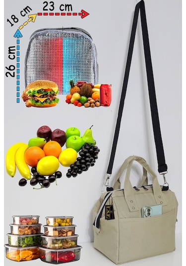Sıcak, Soğuk Isı Yalıtımlı Termal Termoslu Yemek, Mama, Beslenme, Gıda İçin Askılı Taşıma Çantası Bej